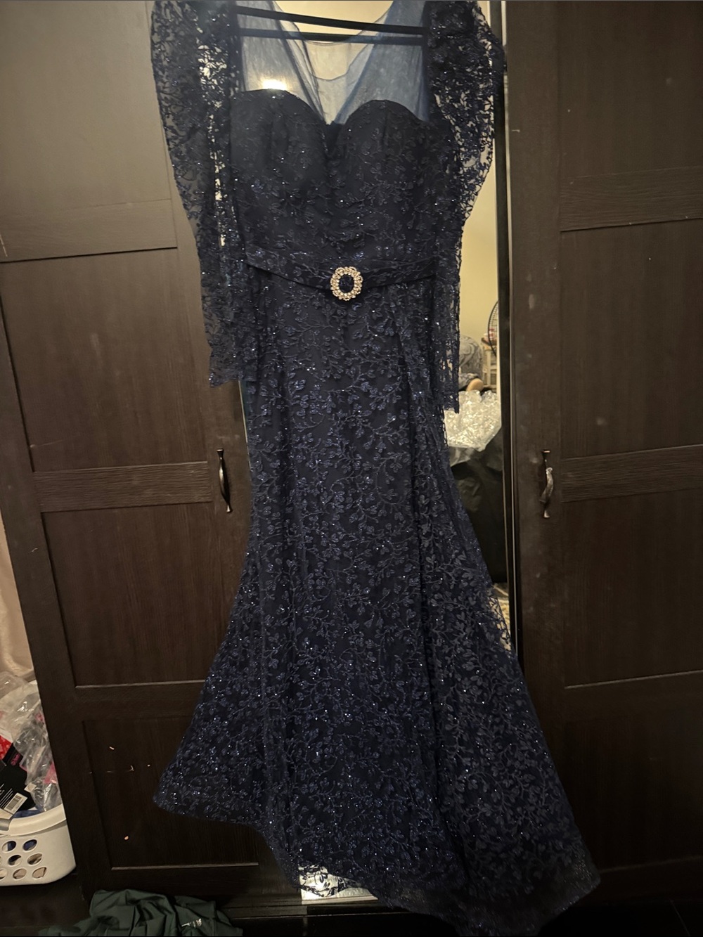 Navy Lace Evening Gown with Sheer Sleeves